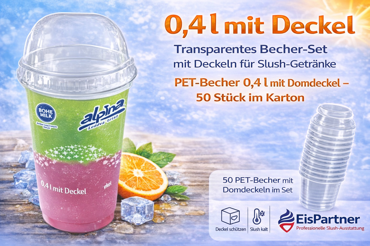 PET-Becher 0,4 l mit Domdeckel – 50 Stück